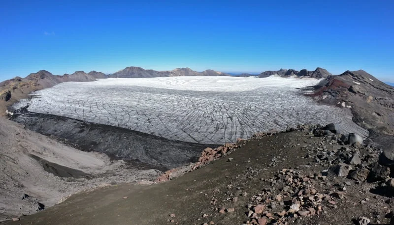 Araucarias y terreno abierto durante el ascenso al volcán Sollipulli