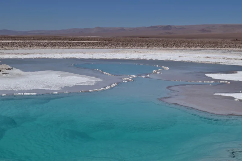 Laguna turquesa rodeada de sal en las Lagunas Escondidas de Baltinache